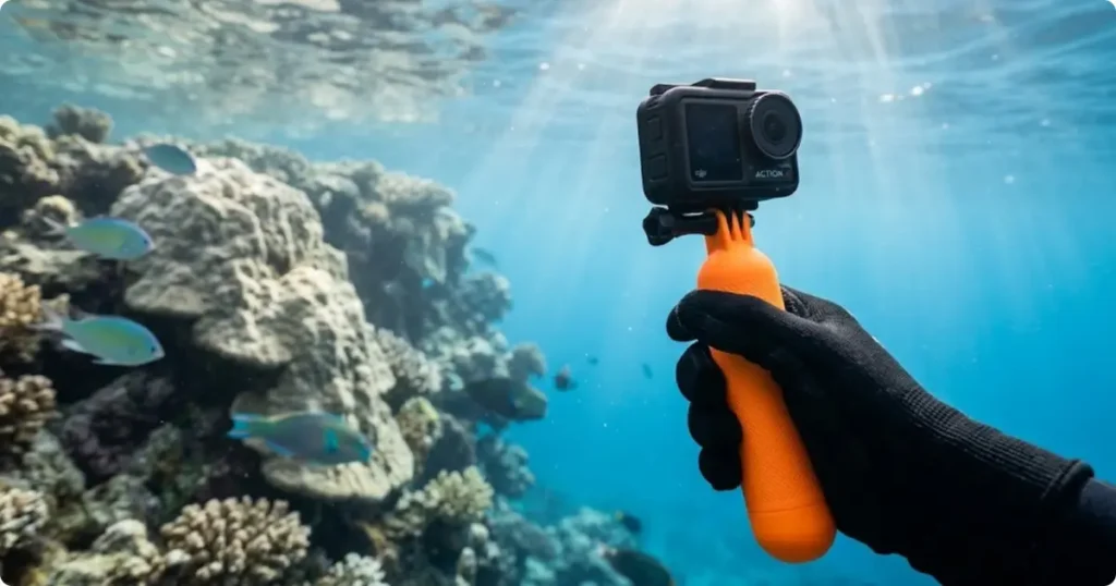Action camera on floating grip handle aimed at tropical coral reef — DJI Osmo Action 6 vs GoPro snorkeling comparison