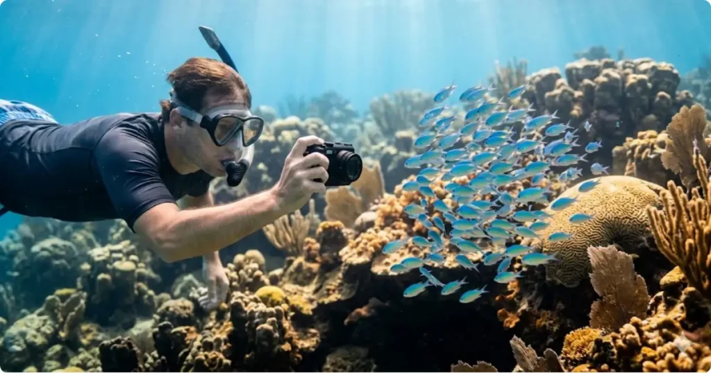 Best Underwater Camera for Snorkeling 2026: Ranked by Type Snorkeler using compact waterproof camera above tropical coral reef — best underwater camera for snorkeling