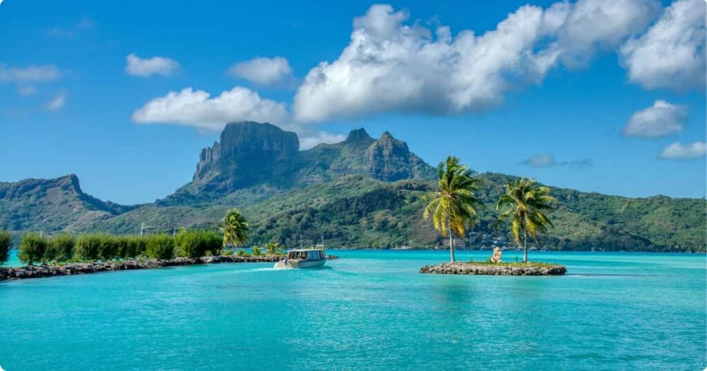 Mount Otemanu volcanic peak rising above Bora Bora's turquoise lagoon, French Polynesia