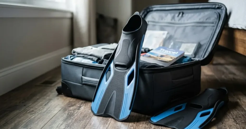 Compact travel snorkel fins packed inside open carry-on suitcase showing luggage size fit
