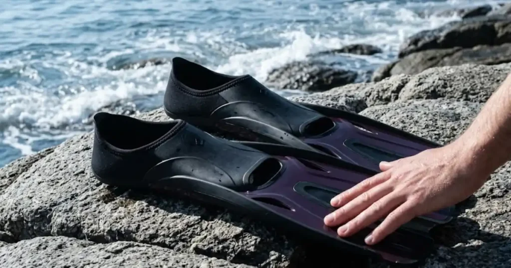 Compact full-foot snorkel travel fins on wet granite rock at ocean edge — size comparison with hand