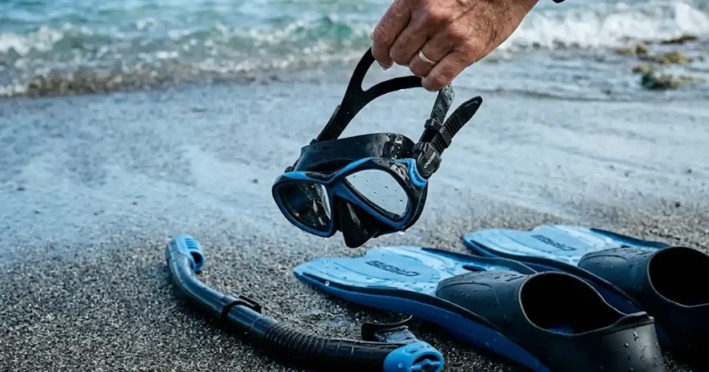Complete snorkel set on wet sand at reef edge — mask dry snorkel and open-heel fins arranged for review