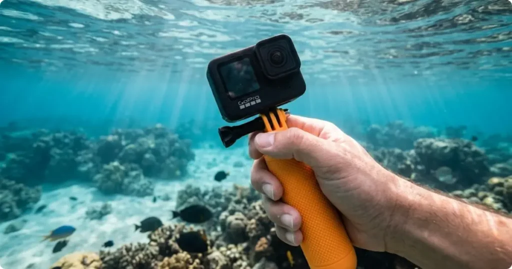 Snorkeler holding a dedicated waterproof compact camera to photograph a parrotfish on a shallow coral reef