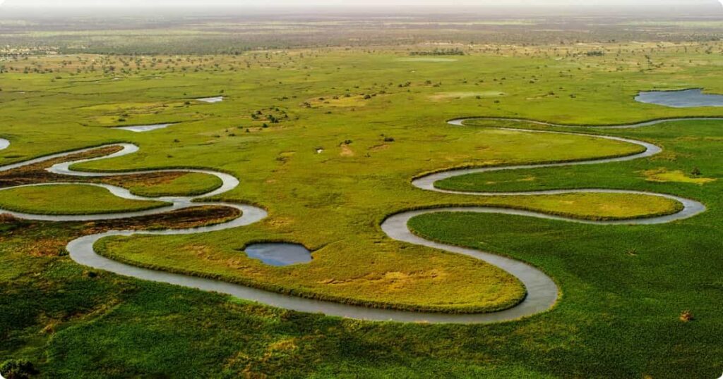 Aerial view of Greater Kruger ecosystem savanna landscape spanning Kruger and Sabi Sands reserve