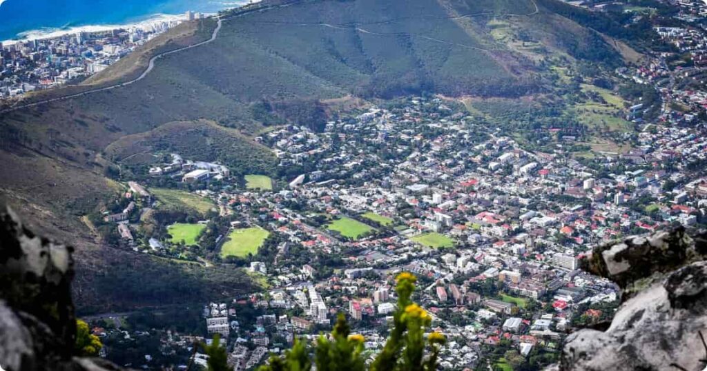 Aerial view of Cape Town with Table Mountain and Atlantic Ocean coastline, South Africa