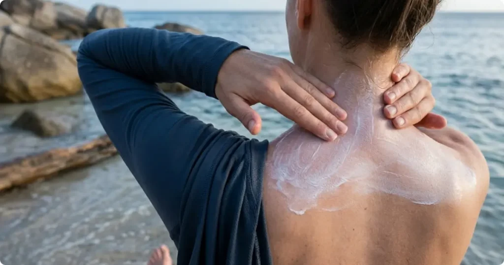 Two sunscreen tubes on wooden surface with SPF 50 mineral and chemical texture comparison on forearm