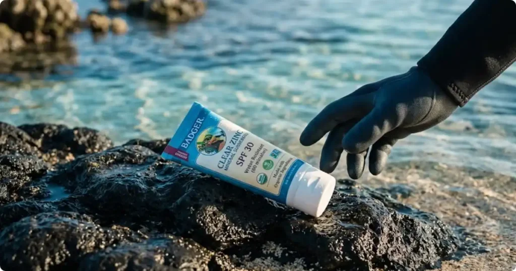 Hands applying mineral zinc oxide reef safe sunscreen to forearm on sandy tropical beach