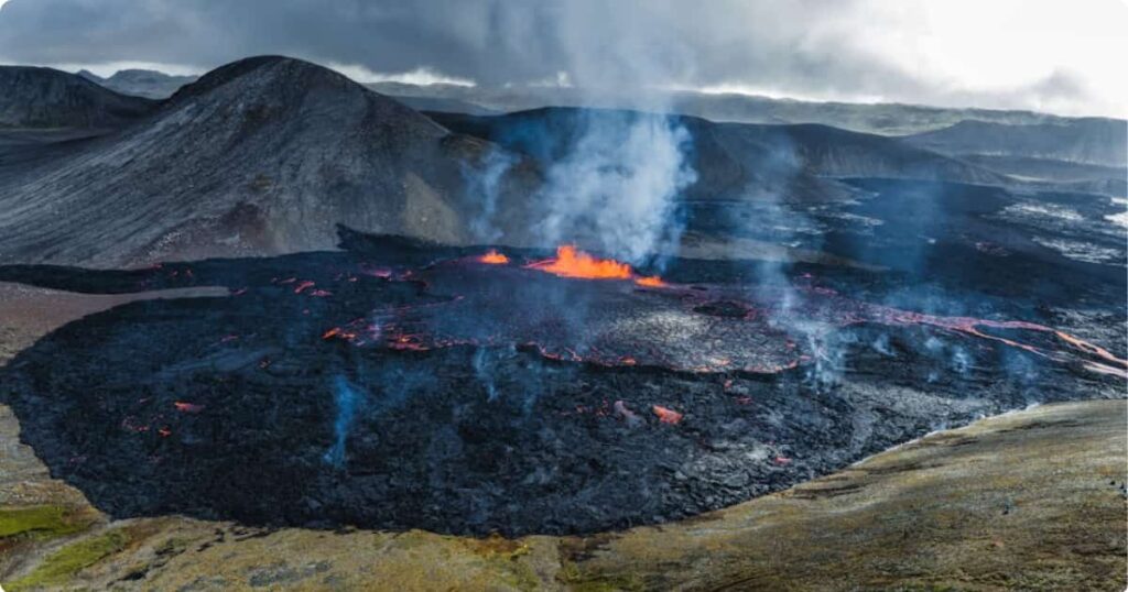 Active volcanic lava flow on Iceland's Reykjanes Peninsula near the Blue Lagoon geothermal spa