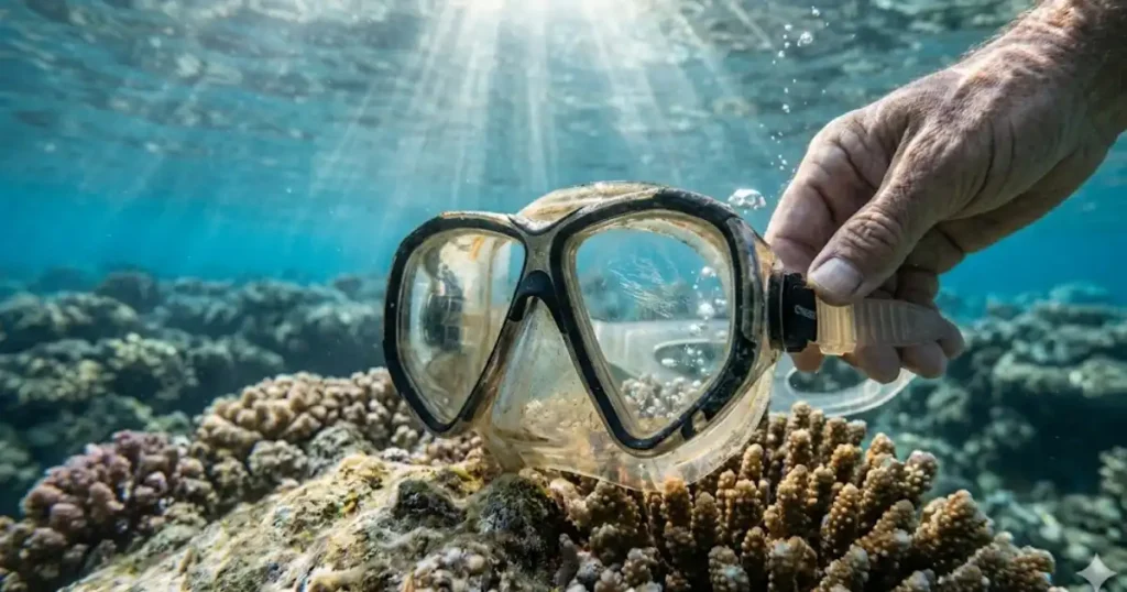 Snorkel mask held underwater on tropical reef showing seal and skirt performance in real conditions