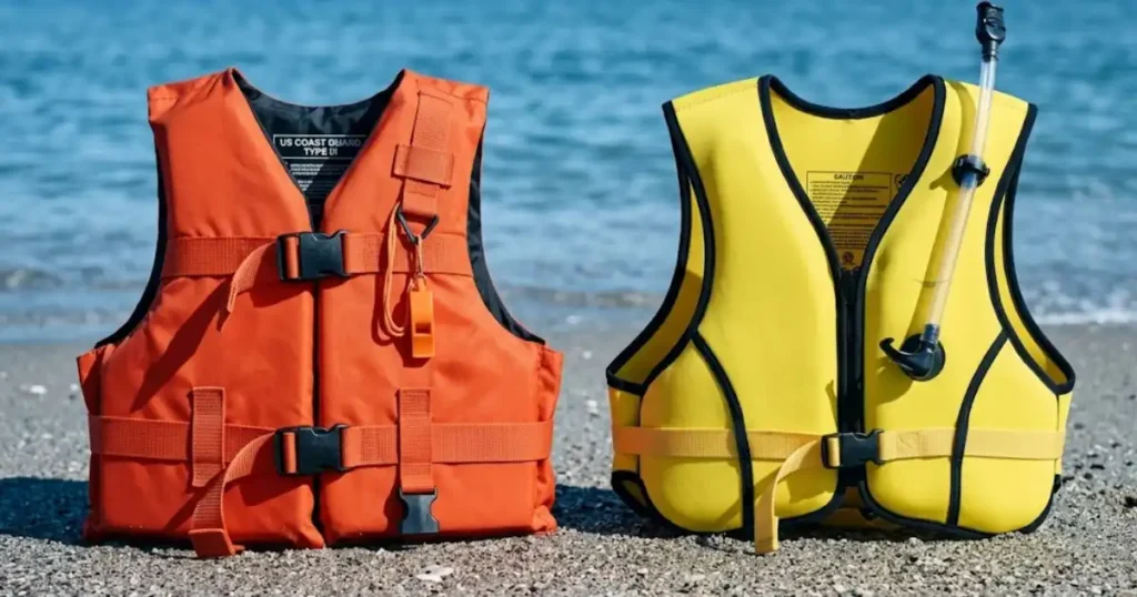 Snorkel vest and Type III life jacket laid side by side on wet sand showing key differences