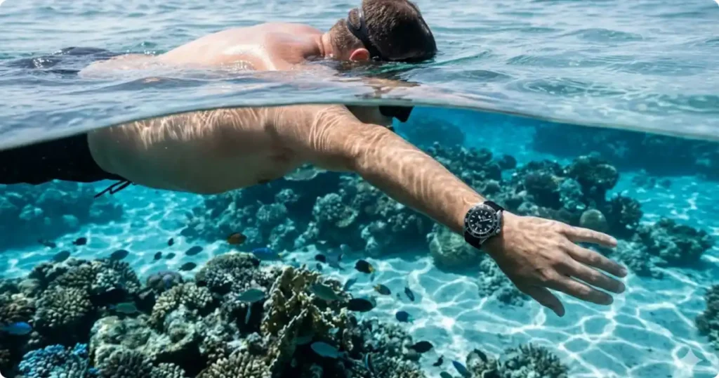Snorkeler floating above vibrant coral reef in clear tropical water showing reef protection context