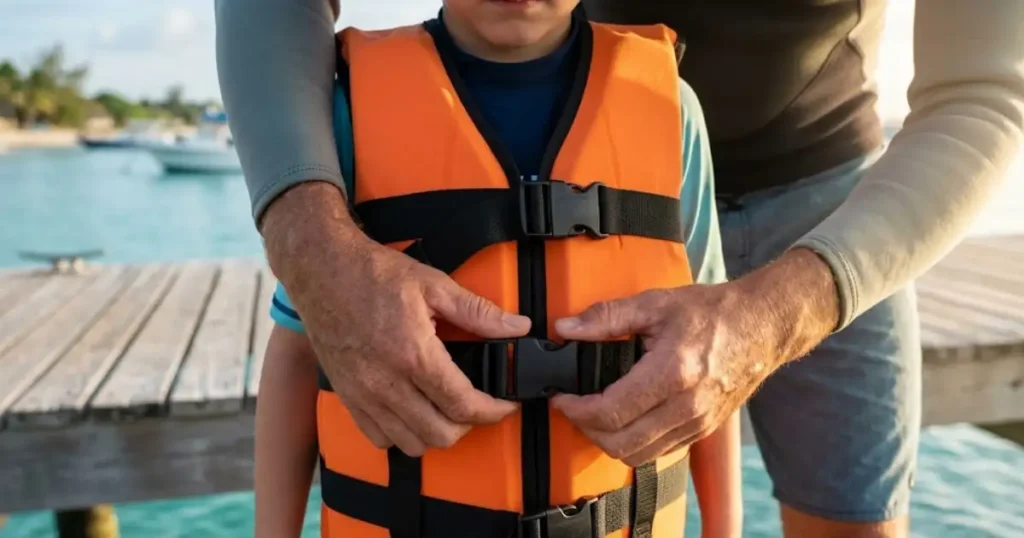 Hands buckling yellow adult snorkeling vest on tropical dock before entering clear turquoise water