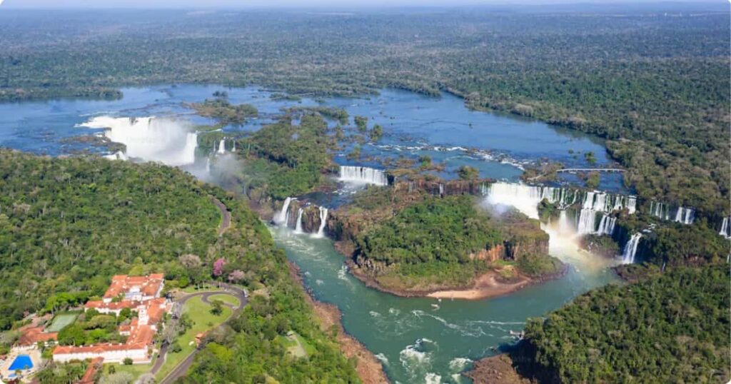 Aerial view of Victoria Falls with mist rising over the Zambezi gorge, Zambia