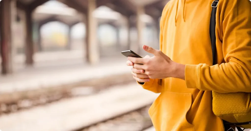  Solo traveler at train station checking phone with no data connection