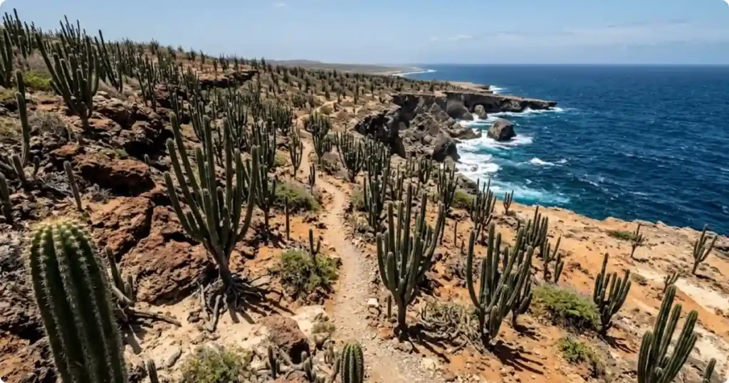 Arikok National Park Aruba desert cacti landscape with rugged north coastline in background