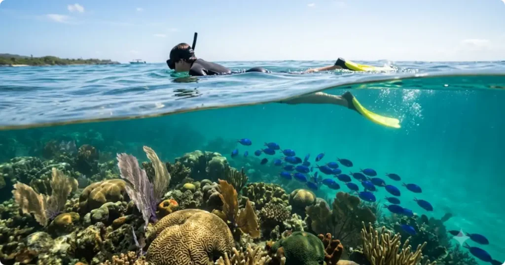Snorkeler above coral reef in clear turquoise Aruba water with tropical fish below