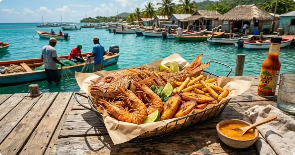 Fresh fried fish and shrimp basket served dockside at Aruba's Zeerovers seafood shack in Savaneta