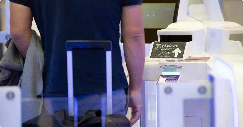 Travel backpack being tested in airline carry-on sizer bin at airport gate