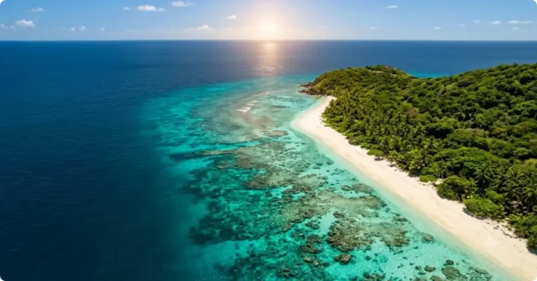 Aerial view of Bonaire coastline showing turquoise reef and deep Caribbean water from above