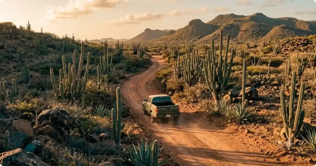 Dirt trail through cactus landscape in Washington Slagbaai National Park Bonaire at golden hour