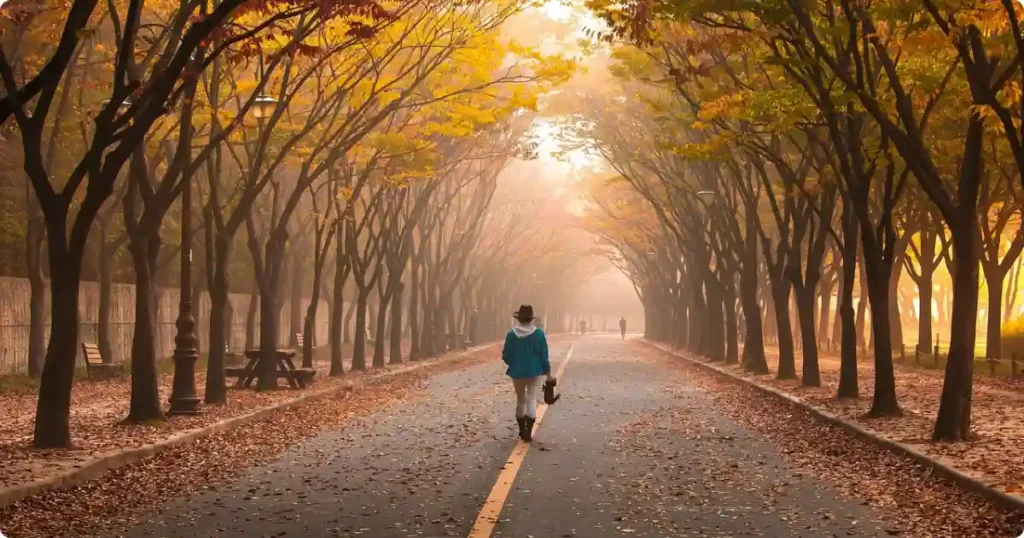 woman in rust knit sweater walking autumn vineyard path with fallen leaves