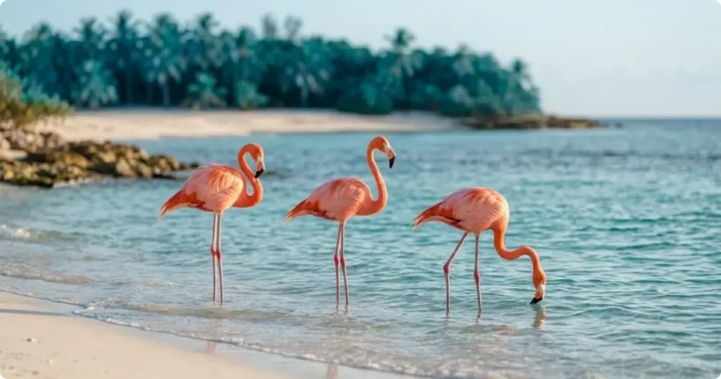 Pink flamingos standing in shallow turquoise water at Flamingo Beach on Renaissance Island Aruba