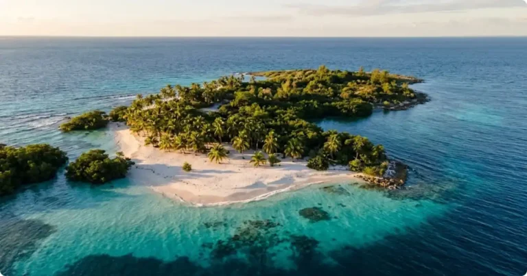Flamingo Beach Aruba: The Complete Guide (Day Pass, Tips & Photos) Aerial view of Renaissance Island Aruba surrounded by turquoise Caribbean water and white sand beach
