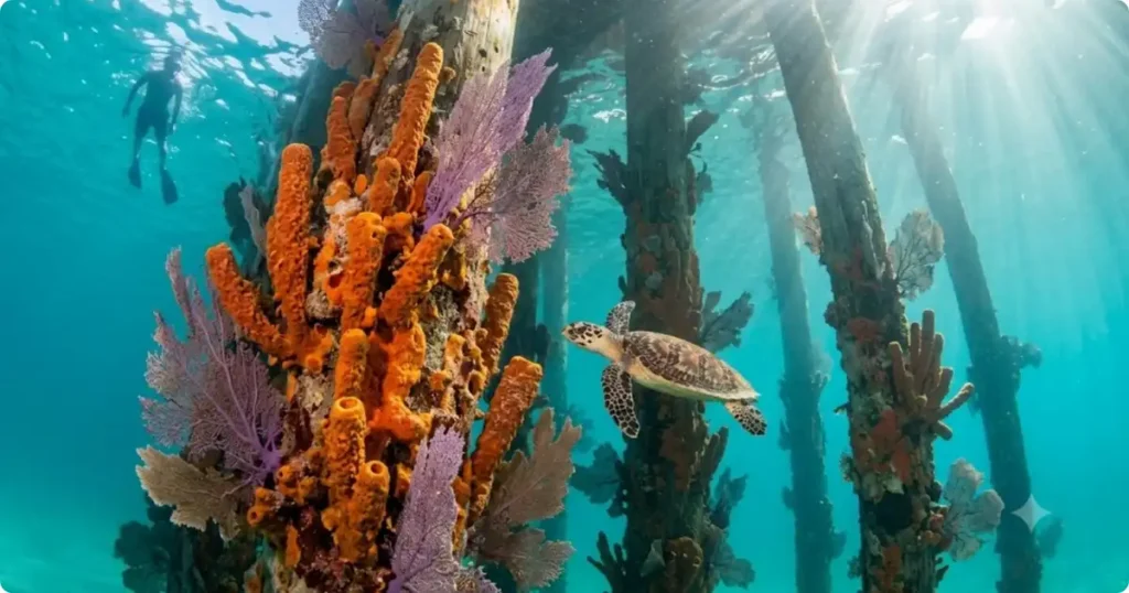 Colorful coral sponges on Frederiksted Pier pilings with sea turtle St Croix USVI snorkeling