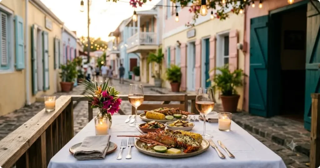Outdoor candlelit dinner with lobster and rosé wine at a French restaurant in Grand Case Saint Martin
