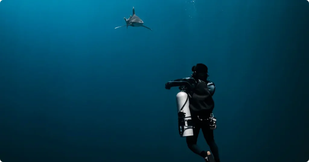 Diver hands gripping shark cage bars underwater with shark silhouette visible in deep blue ocean