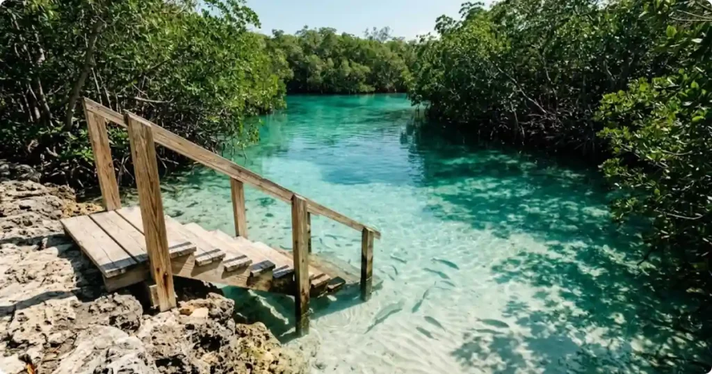 Mangel Halto Aruba sheltered cove with mangroves wooden stairs and crystal clear water