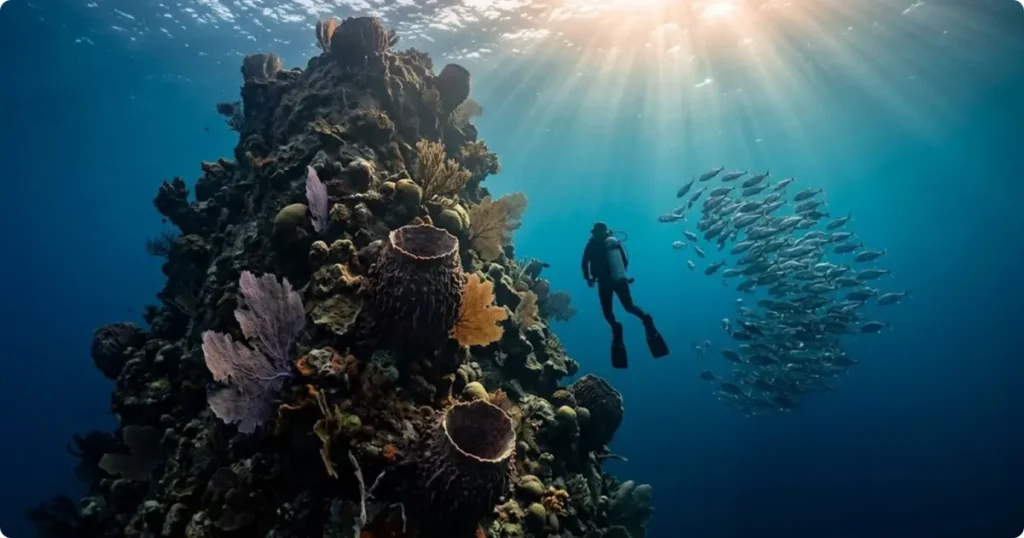 Scuba diver beside coral-covered volcanic pinnacle in Saba National Marine Park, Caribbean diving