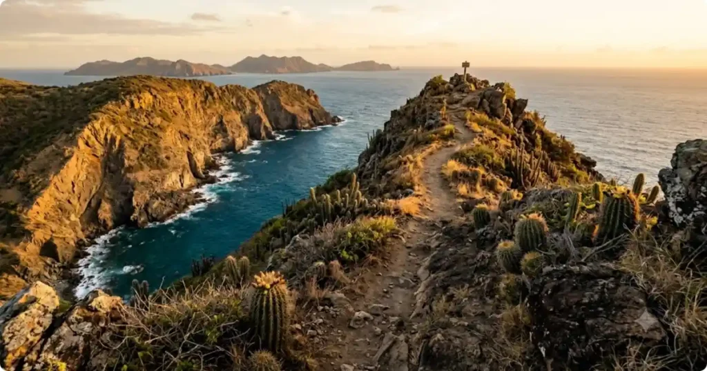 Rocky hiking trail on a Caribbean island clifftop with turquoise ocean and distant islands at golden hour St John USVI