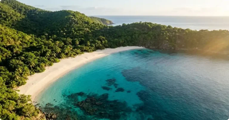 Aerial view of a white sand beach and turquoise reef waters in Virgin Islands National Park St John USVI