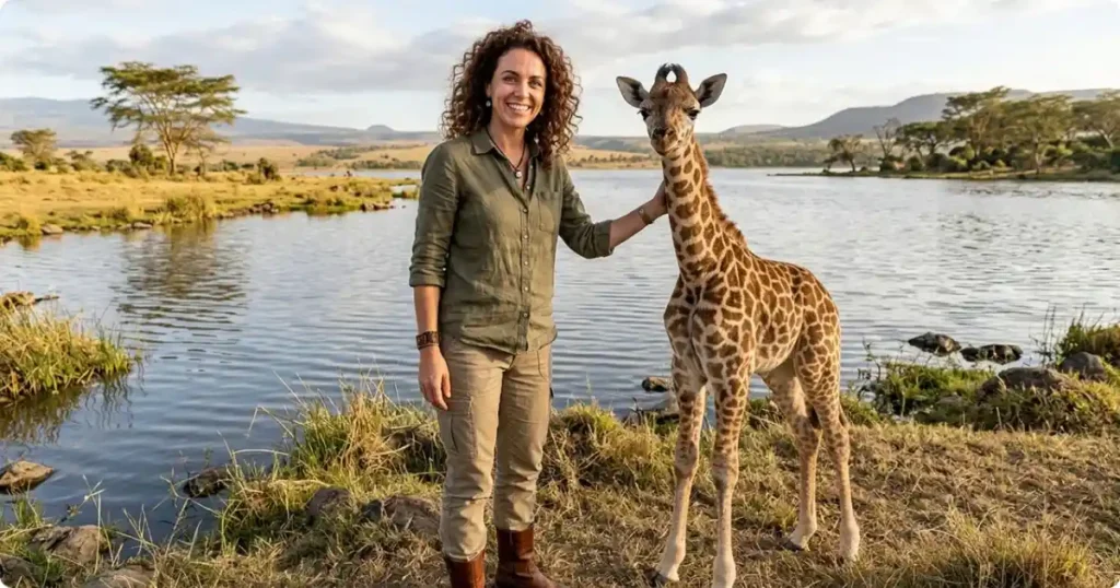 Woman in safari clothing standing in African savanna at golden hour