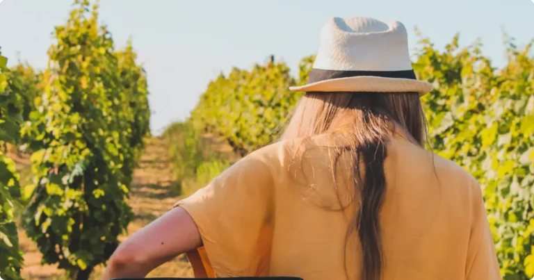 What to Wear to a Winery: Complete Season-by-Season Style Guide Woman in smart casual outfit walking through autumn vineyard rows at golden hour