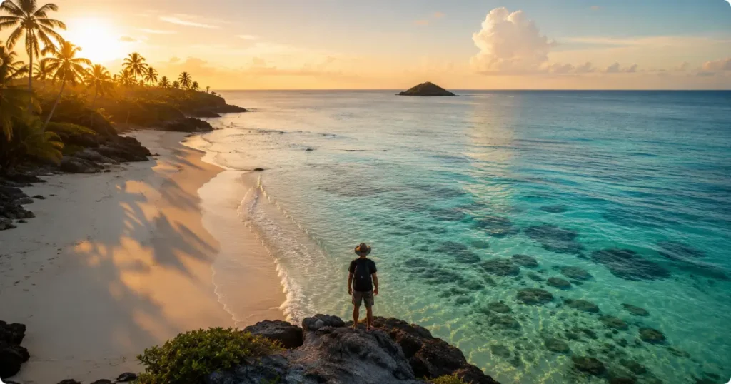 Traveler silhouette on calm Dutch Caribbean beach with turquoise water and white sand Aruba and Bonaire guide