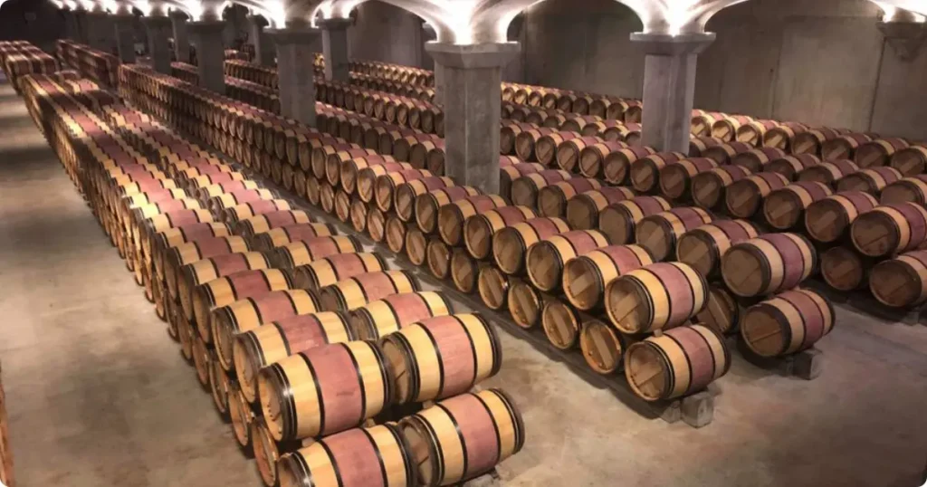 Stone wine cellar with oak aging barrels at a historic Burgundy domaine, Côte d'Or, France