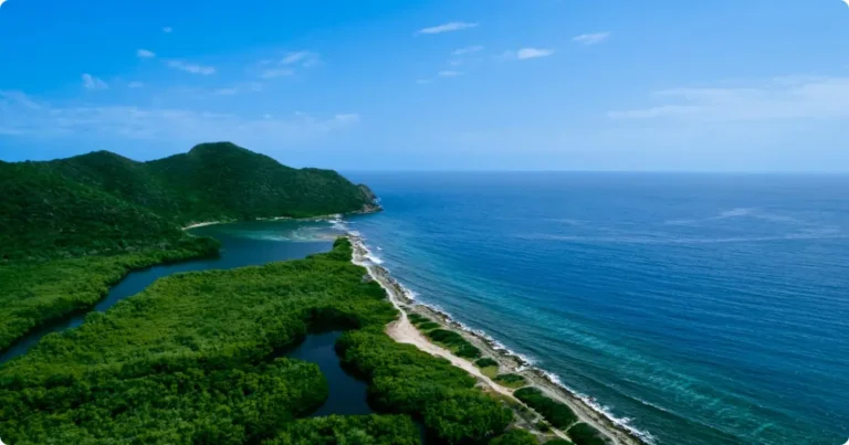 Aerial view of turquoise Caribbean coastline showing reef depth — Caribbean vs Mexico holiday comparison guide
