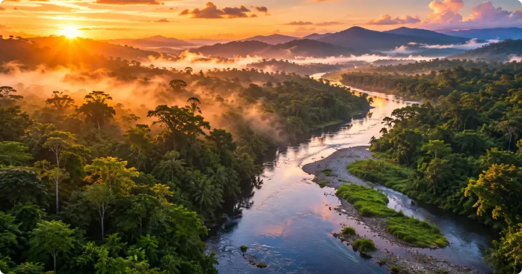 Aerial view of Central American jungle river at sunrise Belize Costa Rica Guatemala travel guide