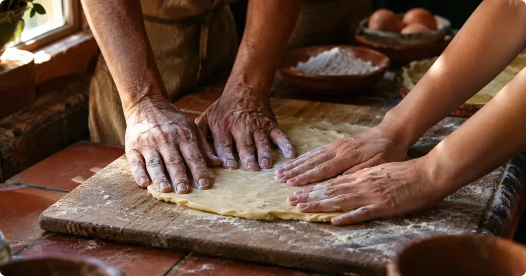 Cooking class while traveling hands pressing fresh pasta dough on rustic wooden board in local kitchen