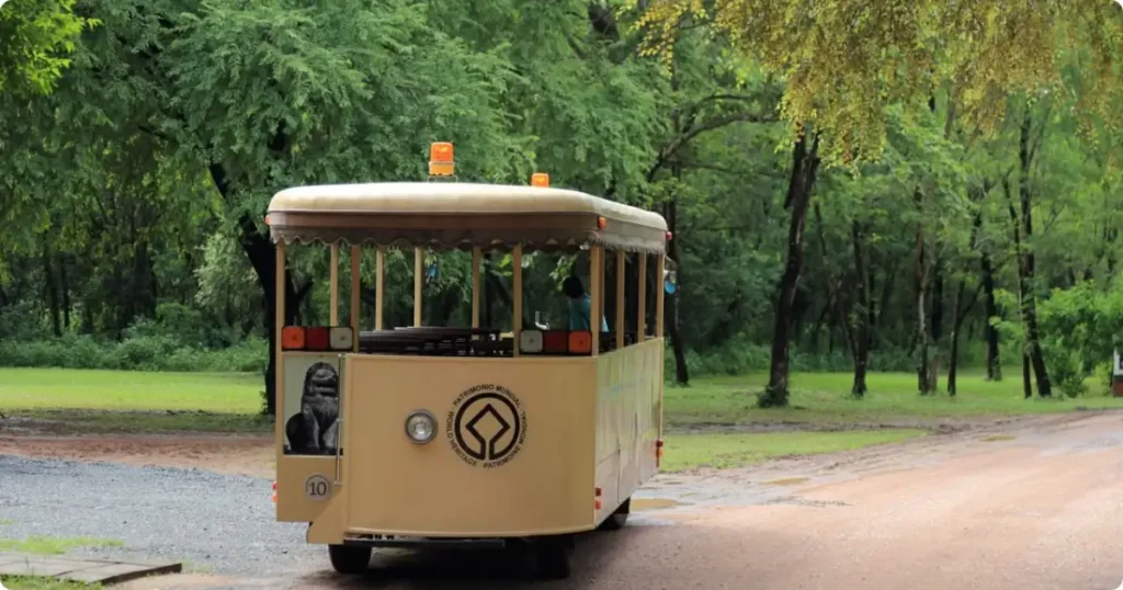 Vintage Franschhoek Wine Tram passing through vineyards on a hop-on hop-off wine estate route, Western Cape