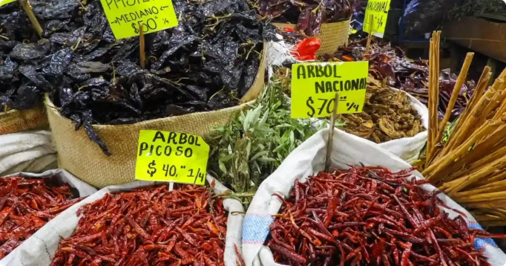 Colorful dried chiles and mole ingredients at Oaxaca market during a traditional Mexican cooking class experience