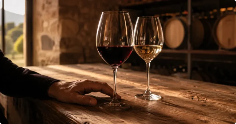 Two wine glasses on a rustic oak tasting bar inside a stone winery, editorial style with warm bordeaux lighting